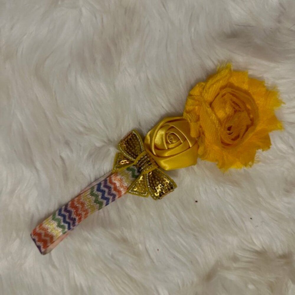 ***** Yellow flower Duo and sequin bow on Rainbow FOE Headband  7570  Handmade N